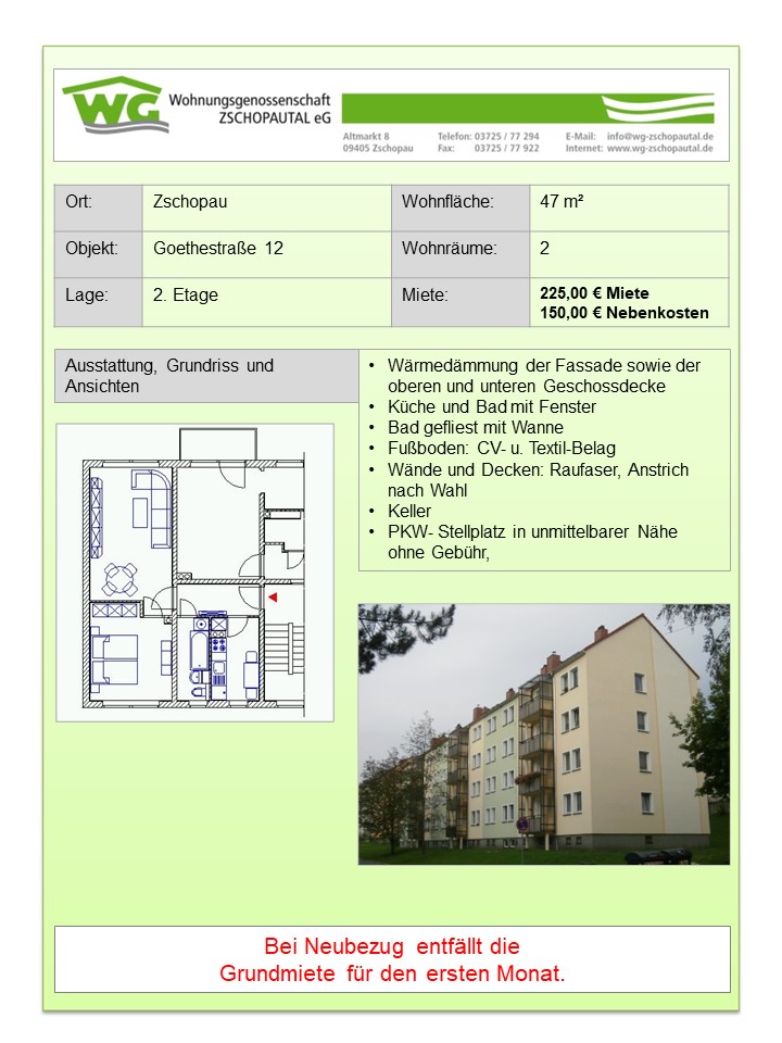 2-Raumwohnung 47 m² Zschopau, Goethestraße 12, 2. WG 