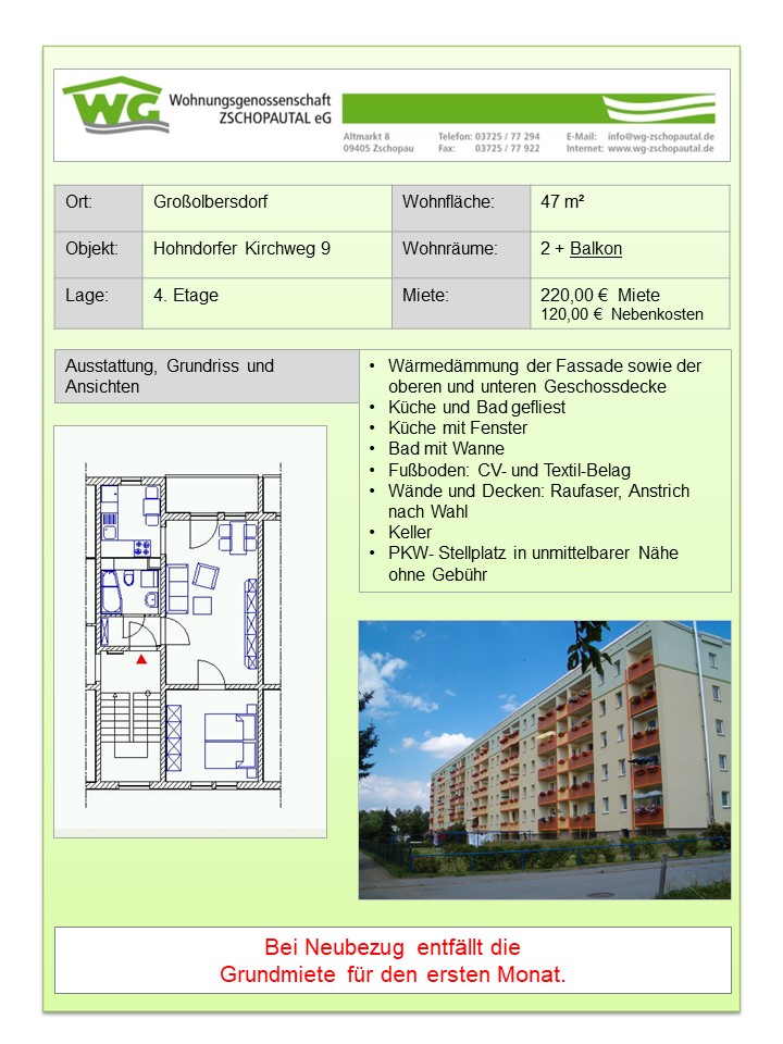 2-Raumwohnung in Großolbersdorf 46 m² Großolbersdorf, Hohndorfer Kirchweg 9 