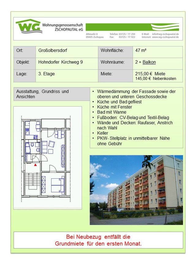 2-Raumwohnung in Großolbersdorf - 47 m² Hohndorfer Kirchweg 9